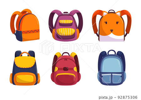 School bag collection in flat hand drawn vector style. Set of different kids backpacks for school. Back to school autumn elements 92875306
