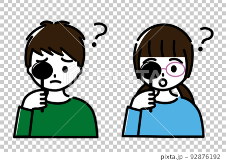 幼児から小学生低学年くらいの男の子と女の子が視力検査を受けていて、よく見えていない（上半身） 92876192