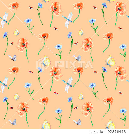 Summer floral field with dragonfly and butterfly watercolor seamless pattern on coral. 92876448