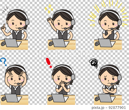 Female office worker receptionist computer work study smile troubled face upper body Female office worker receptionist computer work study smile troubled face upper body 92877901