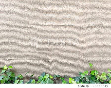 櫛引きで仕上げた薄茶色の塗り壁の下にアイビーの緑の葉が写る横長の背景画像 92878219