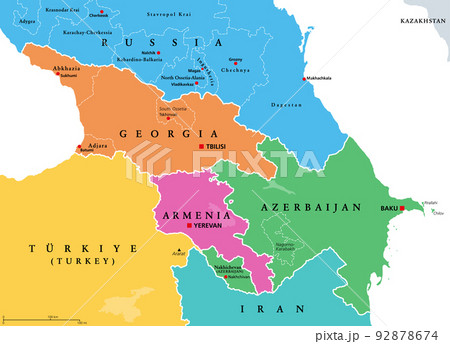 The Caucasus, Caucasia, colored political map. Region between the Black Sea and the Caspian Sea, mainly occupied by Armenia, Azerbaijan, Georgia, and parts of Southern Russia. Map with disputed areas. 92878674