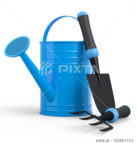 Watering can with garden tools like shovel, rake and fork on white background. Watering can with garden tools like shovel, rake and fork on white background. 92881552