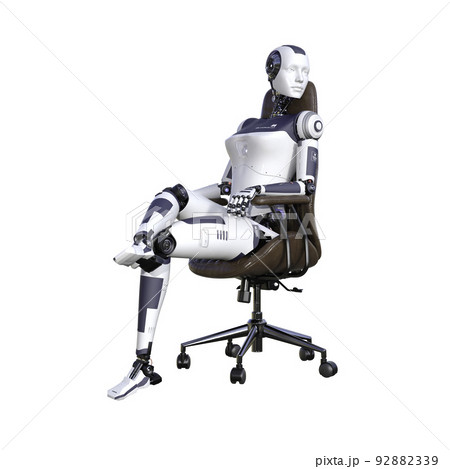 Robot woman sitting on an office chair, isolated on white background. Artificial intelligence concept, future of new office technology. 3d rendering-illustration. Robot woman sitting on an office chair, isolated on white background. Artificial intelligence concept, future of new office technology. 3d rendering-illustration. 92882339