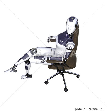 Robot woman sitting on an office chair, isolated on white background. Artificial intelligence concept, future of new office technology. 3d rendering-illustration. Robot woman sitting on an office chair, isolated on white background. Artificial intelligence concept, future of new office technology. 3d rendering-illustration. 92882340