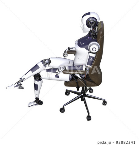 Robot woman sitting on an office chair, isolated on white background. Artificial intelligence concept, future of new office technology. 3d rendering-illustration. 92882341
