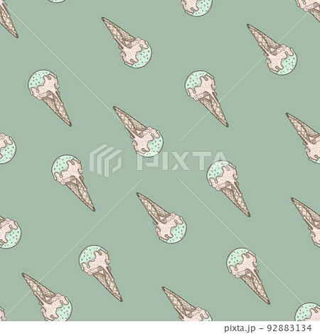 Ice cream cone seamless pattern on green background Ice cream cone seamless pattern on green background 92883134