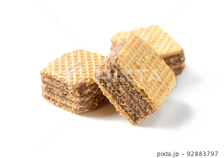 square chocolate wafer biscuits isolated on white background, bakery and snack 92883797