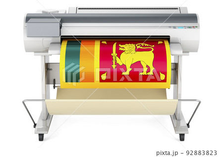 Wide format printer, plotter with Sri Lankan flag. 3D rendering Wide format printer, plotter with Sri Lankan flag. 3D rendering 92883823