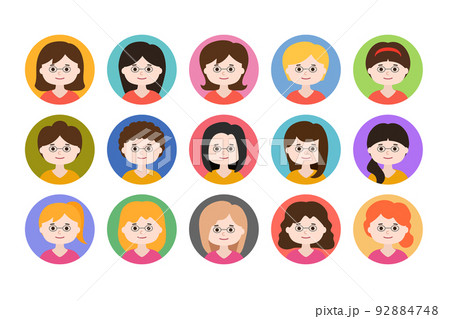 眼鏡/女性のアバター/アイコン/イラストセット/丸枠 眼鏡/女性のアバター/アイコン/イラストセット/丸枠 92884748