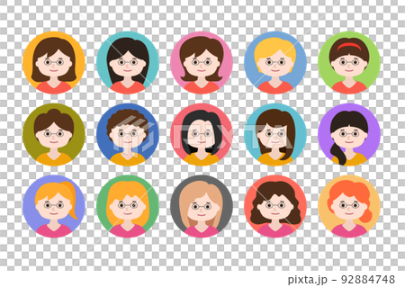 眼鏡/女性のアバター/アイコン/イラストセット/丸枠 眼鏡/女性のアバター/アイコン/イラストセット/丸枠 92884748