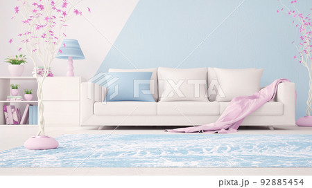 Interior design of a modern living room in blue, with a white sofa and a pink plaid, 3d rendering Interior design of a modern living room in blue, with a white sofa and a pink plaid, 3d rendering 92885454