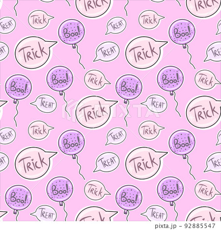 Vector Seamless pattern for Halloween on Pink background with Treats or Trick in balloons. 92885547