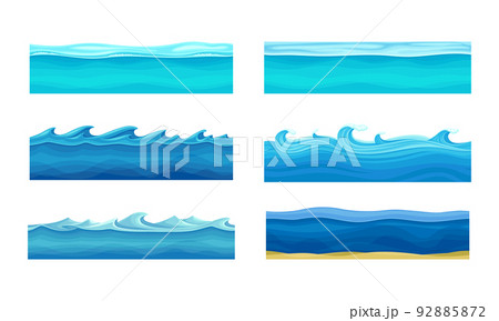 Blue Water Surface with Curved Raising Waves and Ripple Vector Set 92885872