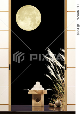 満月の夜に飾られた月見団子とススキ / 十五夜・中秋の名月・お月見のコンセプトイメージ 92886141