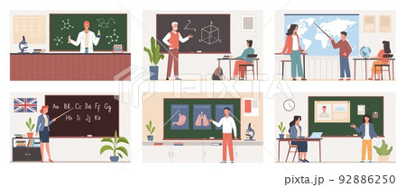 Different teachers with students. Classrooms school blackboards, teaching and lectures process, chemistry and geography, mathematics and languages, nowaday vector cartoon flat education set 92886250