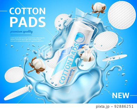 Cosmetic cotton pads poster. Realistic round makeup soft discs, advertising banner, water splashes and inflorescences, face sponge package, 3d isolated hygiene element, utter vector concept 92886251