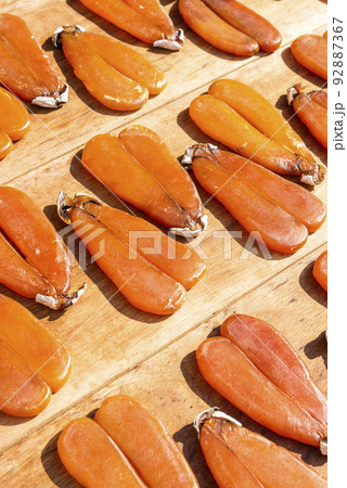 Close-up of drying mullet roe at Lukang Old Street in Changhua, Taiwan. 92887367