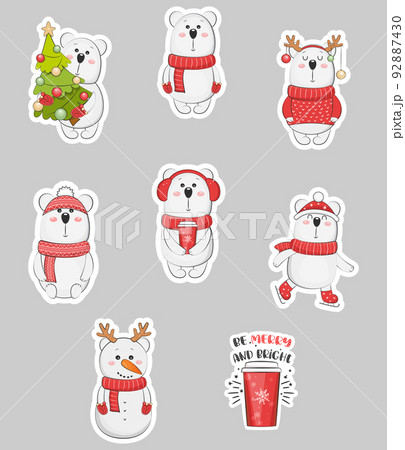 Cute polar bears sticker pack. Christmas holiday. Vector illustration. 92887430