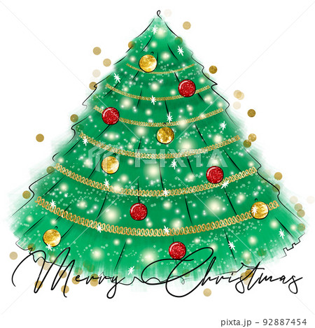 Merry Christmas tree with balls and garland. Stock illustration. 92887454