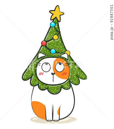 Christmas glitter doodle fat cat. Stock illustration. 92887501