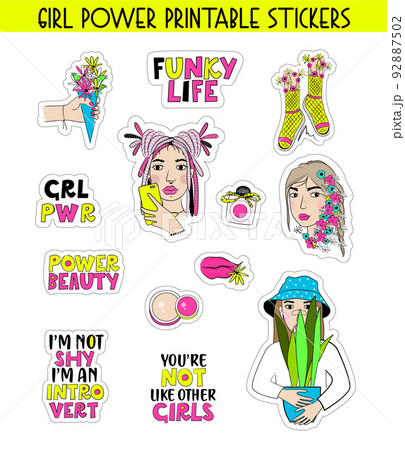 Girl power sticker pack with quotes. Vector stock illustration. 92887502