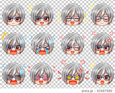 Chibi character face icon of a young man with long silver hair and glasses Chibi character face icon of a young man with long silver hair and glasses 92887980