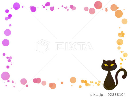 ハロウィンフレーム黒猫アイコン紫黄水彩風のイラスト素材 [92888104