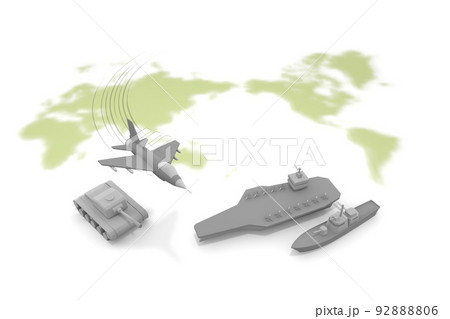 世界地図と兵器。航空母艦と戦闘機。1台の戦車。空飛ぶ飛行機。駆逐艦。巡洋艦。 世界地図と兵器。航空母艦と戦闘機。1台の戦車。空飛ぶ飛行機。駆逐艦。巡洋艦。 92888806