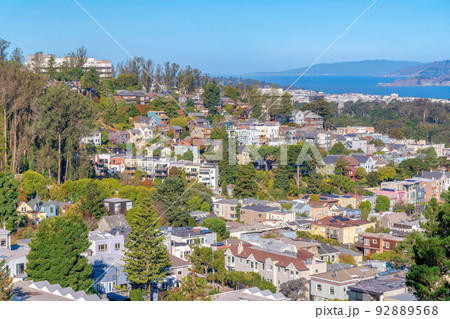 High angle view of suburban neighborhood near the bay at San Francisco, California High angle view of suburban neighborhood near the bay at San Francisco, California 92889568