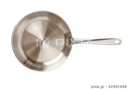 Empty stainless steel skillet isolated on a white background. New frying pan. 92892888