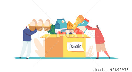 Support Social Care, Volunteering and Charity Concept. Tiny Characters Filling Cardboard Donation Box with Food 92892933