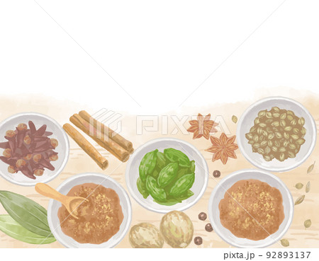 水彩風、お皿に入ったガラムマサラ(カレー用ミックススパイス)をイメージしたイラスト素材。 ベクター。 92893137