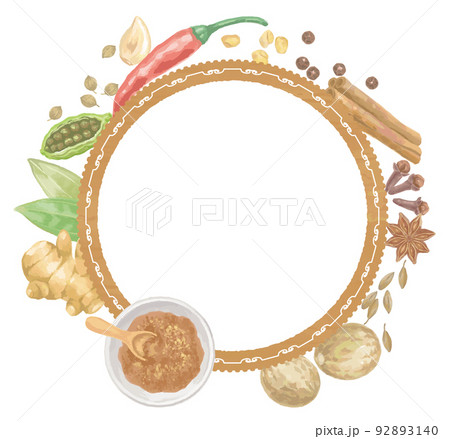 水彩風、カレースパイスのフレーム素材。ベクターイラスト。 水彩風、カレースパイスのフレーム素材。ベクターイラスト。 92893140