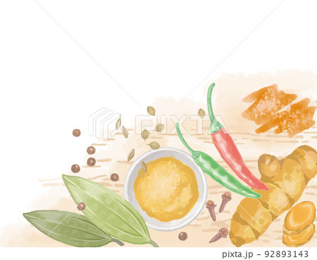 水彩風、カレースパイスのイラスト素材。ベクター。 水彩風、カレースパイスのイラスト素材。ベクター。 92893143