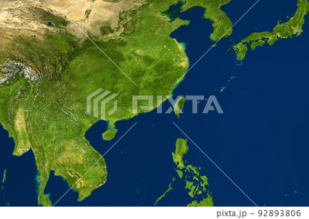 East Asia map in satellite photo, China and Taiwan in center. Elements of image furnished by NASA. 92893806