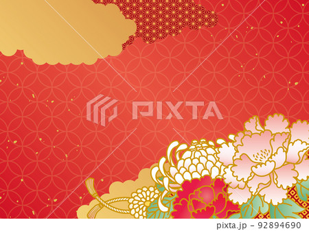 牡丹と菊の赤色和柄背景 92894690