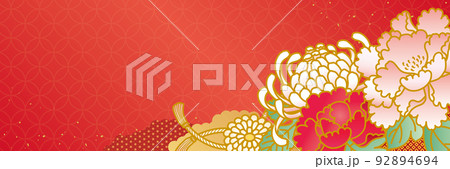 牡丹と菊の赤色和柄背景 92894694