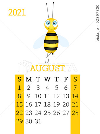 Calendar 2021. Monthly calendar for August 2021 from Sunday to Saturday. Yearly Planner. Templates with cute hand drawn bee. Vector illustration. Great for kids. Calendar page for print. 92897800