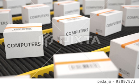 COMPUTERS text on white cartons moving along the conveyor. 3D rendering COMPUTERS text on white cartons moving along the conveyor. 3D rendering 92897973