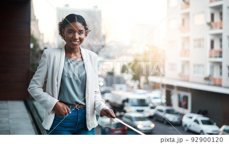 Trendy, young and cool millennial businesswoman happy to start her first day at work at a creative company with urban city copy space background. Portrait face of one edgy marketing intern Trendy, young and cool millennial businesswoman happy to start her first day at work at a creative company with urban city copy space background. Portrait face of one edgy marketing intern 92900120