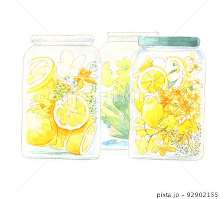 水彩画：レモンのビン 92902155