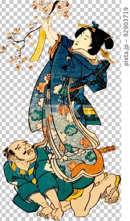 一位年輕的女士，以僕人為墊腳石，將一條紙條系在櫻花樹枝上。 92903719