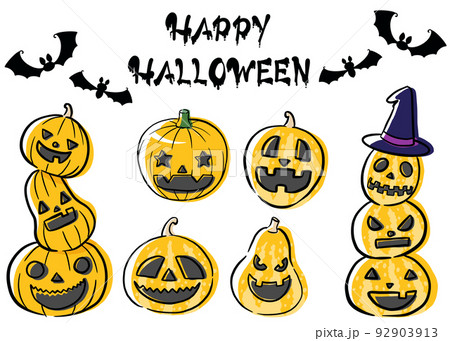 ハロウィンのお化けカボチャの手描きイラストセットのイラスト素材