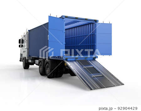 Logistic trailer truck or lorry with container open on white background 92904429