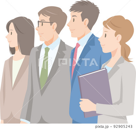 白い背景に立つ4人のビジネスマンの上半身。前向きな笑顔の男女のチーム。 92905243