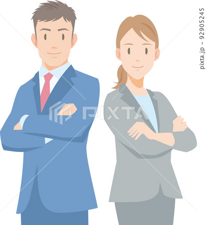 白い背景に立つ二人のビジネスパーソン。笑顔の女性と男性の上半身。 92905245