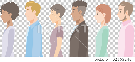 カジュアルな服装の人々の横顔。多様な人種の女性と男性の上半身。 92905246