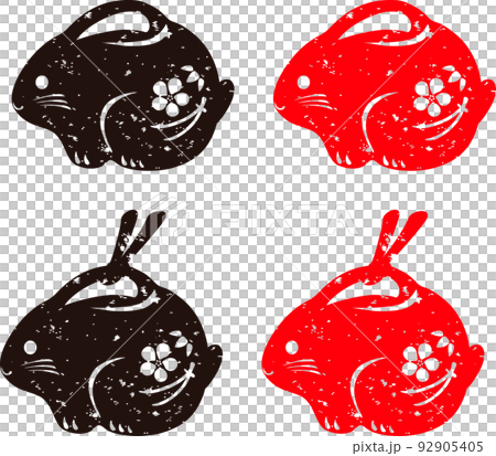 New Year's greetings 2023 New Year's card material Rabbit Rabbit Earthen bell Hanko Print New Year Japanese style cute illustration set 92905405