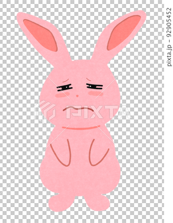 Illustration of a rabbit with a sleepy face Outline = partly solid line & color Pink rabbit 92905452